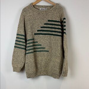 Men's Vintage Wool Chunky Knit Beige and Green Striped Cabin Sweater